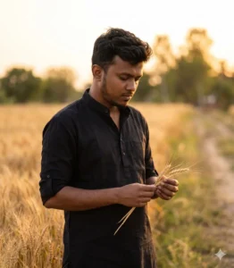 portrait of a young Bangladeshi man standing in a golden wheat field