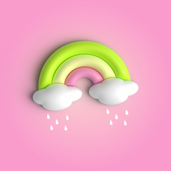 3D Pastel Rainbow with Clouds and Raindrops on Pink Background